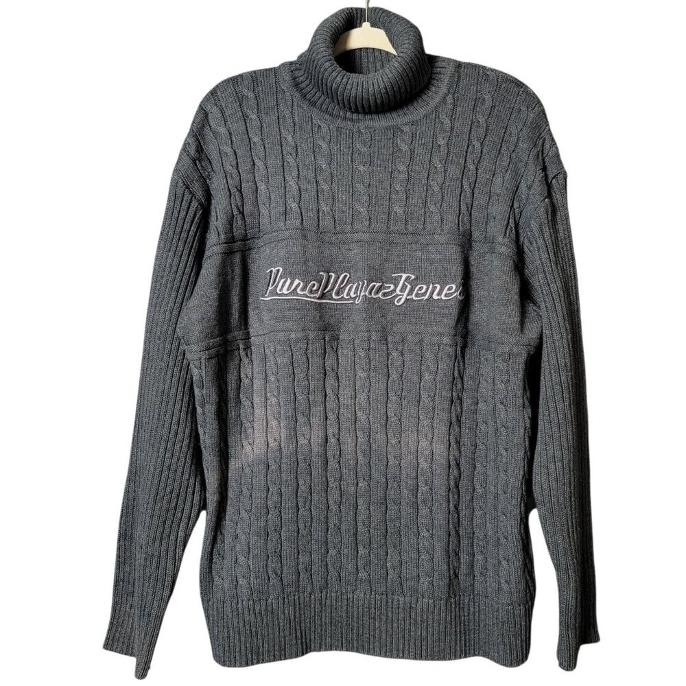 VTG Pure Playaz Mens Gray Y2K Hip Hop Spellout Cable Knit Turtleneck Sweater L